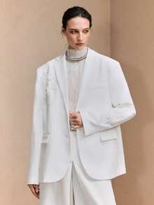 Arave 女士斜纹布翻领宽松长袖花卉拼接设计西装外套，适合日常通勤 - 白色 - 查看 4