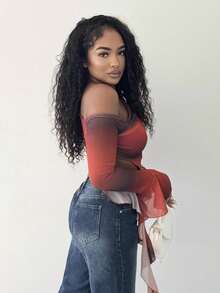 Alexandranx Áo cánh tay dài hở lưng in lưới dệt kim vừa vặn cho nữ - Màu Đỏ Sâu - Xem 6