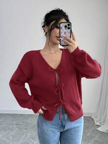 Selianne Áo cánh dài tay buộc dây phía trước màu trơn dành cho nữ, thiết kế đơn giản để mặc hàng ngày, áo khoác cardigan dáng ngắn màu đen, áo khoác cardigan nơ cho bé gái, áo khoác cardigan dáng ngắn màu đen - Màu Hoa hồng đỏ - Xem 4