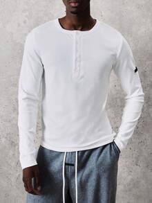 Camisa esencial de manga larga acanalada SUMWON, casual con botones delanteros y cuello redondo liso - Blanco - Ver 5