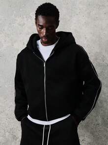 Áo hoodie nam SUMWON dáng ngắn màu đen, khóa kéo toàn thân, viền phản quang, dáng rộng, phong cách đường phố mùa đông, thời trang đô thị, áo khoác ngoài mùa thu, đơn giản. - màu đen - Xem 1