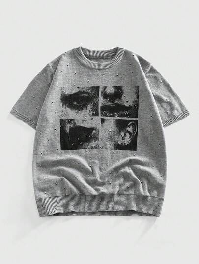 ROMWE MEN Street Life Men's Minimalist Pattern Round Neck Perforated Knit Short Sleeve Top