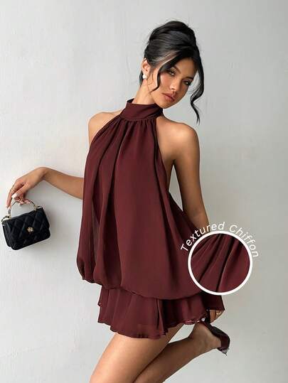 Aloruh Women's Texture Chiffon Elegant Brown Halter Tie Mini Dress,Women Dating Dress,Women Night Out Dress,Summer Dresses For Women, Honeymoon Outfits Woman .Women Wedding Guest Dress. Island Vacation Outfits,Wedding Guest Dress Women ,Sun Dresses For Women ,Elegant Dresses For Party, Birthday Dresses For Women
