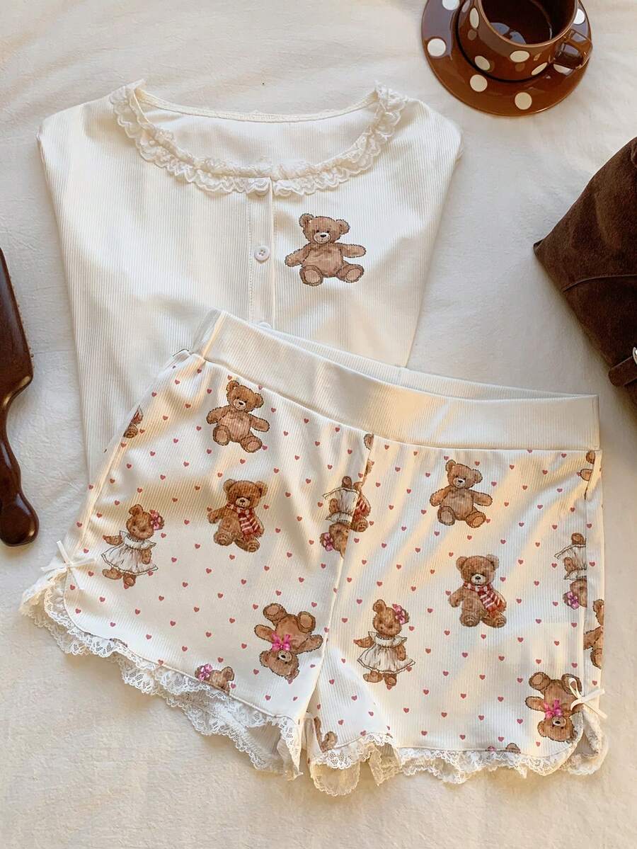 Comfortcana 女士卡通熊单排扣上衣和短裤休闲两件套 - 米色 - 查看 1