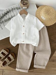 LMoss Kids Bộ 2 áo sơ mi dệt trơn màu thường ngày và quần sọc cho bé trai - Nhiều màu - Xem 4