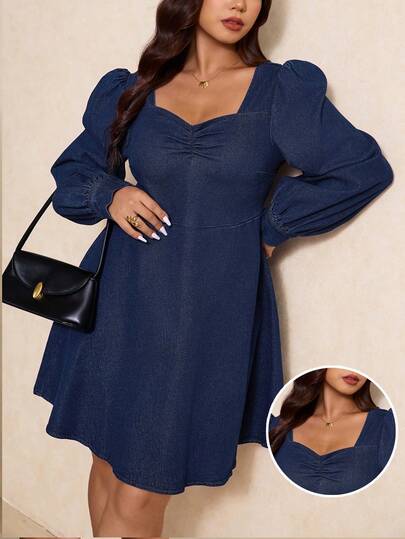Elaquor Plus-Size Raw Denim Dress With Square Neckline, Puff Sleeves, Elegant Waist, Perfect For A Romantic Date.Comfortable Slightly Stretch Denim,Slimming Dress

,
