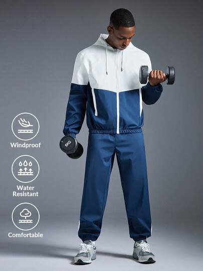 Driftmere 男士防风透气撞色跑步健身运动套装，包含外套和裤子，男友风，适合秋冬夏季穿着。