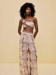 SHEIN Veneréa 3pcs/Set Women Summer Holiday Shell Print Halter Bikini & Mesh Pants 3-Piece Swimsuit Beach Outfit - Multicolor - View 3