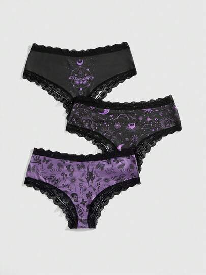 ROMWE 3pcs Women Gothic Floral, Insect, Sun & Moon Print Triangle Panty Set