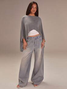 Athîral Áo choàng Poncho cổ tròn rộng rãi, không đối xứng màu trơn dành cho nữ - Xám - Xem 3