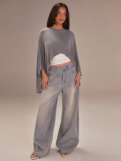 Athîral Women's Grey Round Neck Loose-Fitting Asymmetrical Cape Top, Irregular Design, Loose Fit, Grey Shawl-Style Top, Comfortable And Soft Knit Fabric,Spring Outfit Women,Summer Tops,Summer Tops,Beach Outfits For Women,Going Out Tops For Women,Casual Blouses For Women