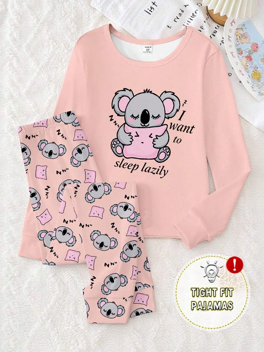 Girls Cute Koala Print Pink Knitted Stretchy Soft Comfortable Snug Fit Long Sleeve Top And Pants 2 Pieces Pajama Set - Dusty Pink - View 1