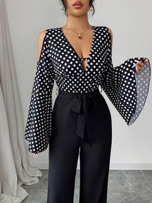 Elenzga 女士露肩波点印花喇叭袖连体裤，优雅专业的教师装扮，适合感恩节、万圣节、秋冬季时尚必备单品，高端端庄的单身派对、下午茶会、秋冬晚礼服，优雅连体裤，适合万圣节、圣诞节、派对、婚礼、乡村等场合。 - 黑色 - 查看 5