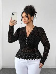 Elenzga Plus Size Lace Trim Heart Button Fitted Blouse Black Lace Shirt Black See Through Top Lace Long Sleeve Top Lace Shirts Lace Top Long Sleeve Lace Tops For Women - Black - View 4