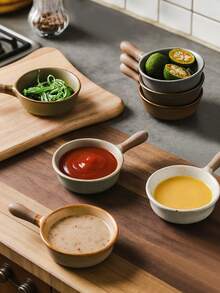 Madebyblanc 1PC Japanese Style Coarse Pottery Dipping Dish With Handle, Ceramic Seasoning Dish, Soy Sauce Dish, Sushi Restaurant Snack Dish, Household Vinegar Dish Set - Multicolor - View 4