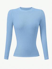 EMERY ROSE Camiseta de manga larga de cuello redondo ajustada de mujer color azul claro, forrada térmicamente, para otoño/invierno - Celeste - Ver 3