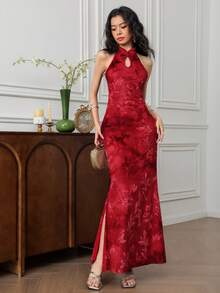 EastFlair 女士压纹修身镂空复古无袖连衣裙 - 紅色 - 查看 4