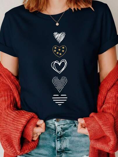 Camiseta para mujer 100% algodón con textura suave y cómoda, cuello redondo y manga corta ideal para toda ocasión con estampado de corazones Festividades