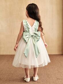 SHEIN 女孩公主裙、花童裙、生日派对裙、婚礼礼服、无袖、白色缎面薄纱泡泡裙、后背蝴蝶结、3D花朵、中东、欧式风格 - 白色 - 查看 2