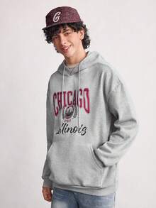 Open Phase 男士连帽衫，饰有学院风字母图案，时尚芝加哥伊利诺伊州图案印花，保暖内衬，秋冬季必备单品，日常搭配，男友/老公礼物 - 灰色 - 查看 6
