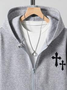 Teen Boy All-Match Graphic Print Versatile Hooded Zip-Up Sweatshirt - رمادي - مشاهدة 4