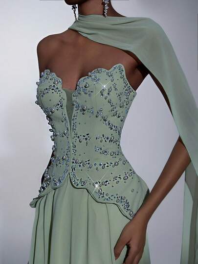 Elitara Elegant grågrön lyxig utsmyckad off-shoulder vintage palatsstil extra stor A-linjekjol med justerbar knytband i midjan, lämplig för dejter, bröllop, formella evenemang och formella bankettklänningar