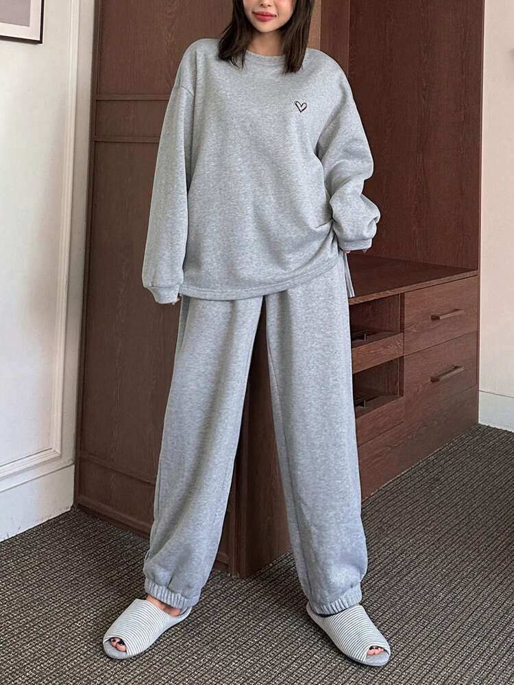 Minimalist Heart Print Thermal Lined Knit Sweatshirt Homewear Set