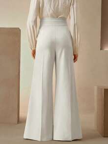 Anewsta 优雅高腰喇叭双排扣西装裤，时尚都市风，新年必备 - 白色 - 查看 2