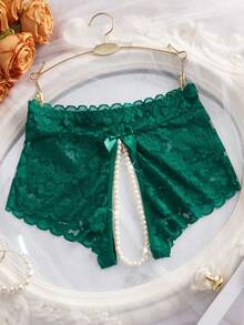 SHEIN 1 chiếc quần lót ren hở đáy đính ngọc trai giả gợi cảm dành cho nữ khi đi chơi - Màu xanh lá cây đậm - Xem 3