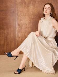 MOTF PREMIUM WOMEN BEARD DETAIL SQUARE TOE HEELED SANDALS - Navy Blue - View 3