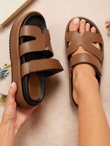 SHUZIA Giày sandal đế xuồng hở mũi in hình lòng bàn tay PU màu ô liu sẫm lấy cảm hứng từ sự sang trọng dành cho nữ – Thoải mái khi đi biển đến trung tâm mua sắm - Màu xanh Ô liu - Xem 6
