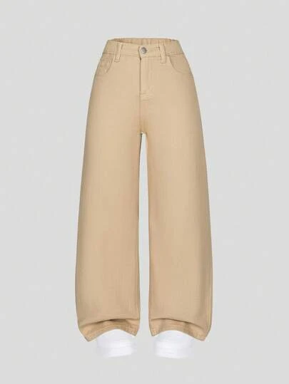 SHEIN ChillGRL Denimly Girls Casual Minimalist Academy Style Washed Denim Elastic Waist Zipper Hem Cropped Jeans