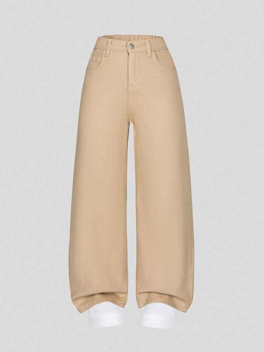 SHEIN ChillGRL Denimly Girls Casual Minimalist Academy Style Washed Denim Elastic Waist Zipper Hem Cropped Jeans - Khaki - View 1