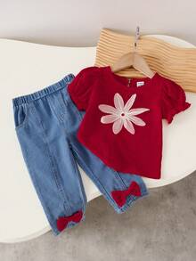 SHEIN Baby Girls' Summer Korean Style Cute Contrast Color Big Bow Jacquard Top Paired With Fashionable Washed Denim Jeans Set, Suitable For Outings And Casual Wear T-Shirt And Jeans Set - Red - View 1