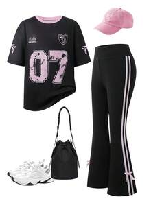 Ensemble 2 pièces pour préadolescentes : T-shirt ample contrasté avec numéro et nœud + pantalon évasé, style casual de base pour la rue et les sports - Noir - Voir 3