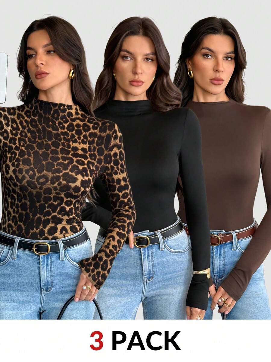 SHEIN Tall 3pcs/Set Solid Color & Leopard Print Tight Fit Basic Layering T-Shirts, Casual Autumn/Winter - Multicolor - View 1