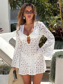 Bonvoyette 女士纯色蕾丝镂空长袖V领沙滩罩衫 - 白色 - 查看 1