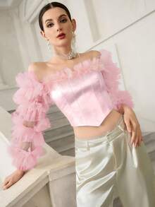 Elenzga 女士法式极简粉色鱼骨性感派对3D花卉优雅抹胸上衣 - 粉色 - 查看 3