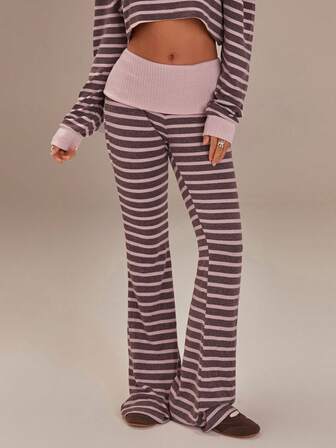 Athîral 女士休闲条纹松紧腰喇叭裤