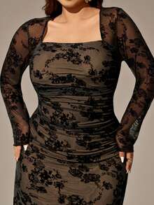 Auralis Váy maxi ren dài tay dáng ôm dáng ôm sát, chất liệu nhung jacquard mới cho mùa thu/đông dành cho nữ, dáng suông, lưới cắt xẻ lãng mạn, thích hợp cho kỳ nghỉ/đầm ôm sát, dáng xòe cỡ lớn, màu đen và đỏ, trang trọng, thanh lịch, màu tối - Nhiều màu - Xem 7