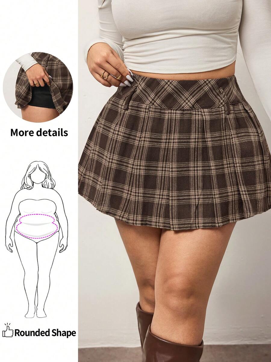 Enliva Brązowa spódnica mini w kratę na festiwal muzyczny w dużym rozmiarze, spódnica w kratę, powrót do szkoły, dla sylwetki typu jabłko i okrągłej - Brązowy - Zobacz 1