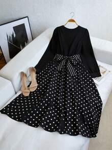 Franclia 女士优雅复古拼接印花中长连衣裙，舒适百搭，适合通勤、社交及休闲场合，秋冬季穿着。 - 黑色 - 查看 4