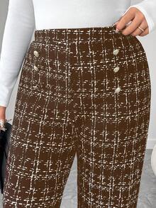 大码女士优雅格纹印花弹力针织裤，高腰精致金属扣直筒裤，适合多种场合，优雅旅行、日常通勤、工作裤 - 棕色 - 查看 5