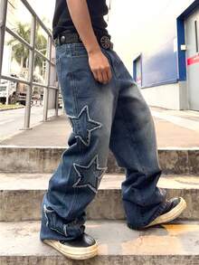 ROMWE MEN Street Life 男士宽松星形刺绣牛仔裤 - 深色水洗藍 - 查看 5