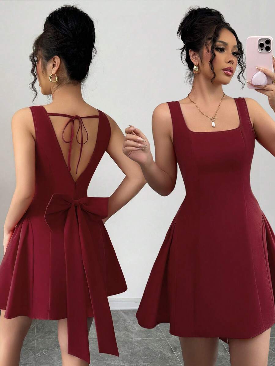 SHEIN Raffinéa 女士红色蝴蝶结装饰连衣裙，冬季新年 - 酒紅色 - 查看 1
