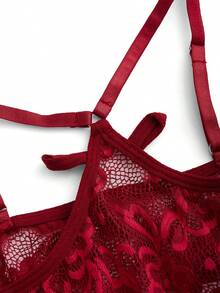 Bow Front Floral Lace Crotchless Teddy Bodysuit Lingerie - Burgundy - View 3