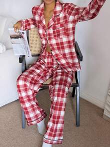 SHEIN Bộ đồ ngủ dài tay họa tiết kẻ caro đỏ thường ngày có cổ dành cho nữ - Nhiều màu - Xem 6