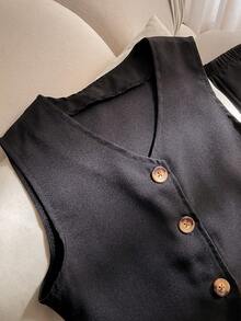 2pcs/Set Girls' V-Neck Sleeveless Cardigan & Loose Fit Black Pants Suit, Elegant & Versatile For Party, School, Casual Wear - Black - View 6