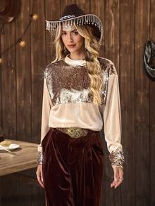 LanaWest Western Style Velvet Sequin Slit Long Sleeve Sweatshirt, Versatile For Winter New Year Party, Multi-Occasion Wear - Khaki - View 4