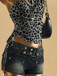 Attitoon Áo crop top buộc dây rút phía trước cho nữ - Xám - Xem 7